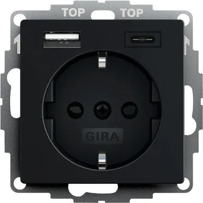 Produktbild von Gira SCHUKO-Steckdose, USB-Spannungsversorgung, 2-fach, Typ A/C, System 55, Schwarz matt, 1 Stk.
