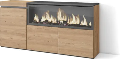 A modern sideboard with a built-in electric fireplace, presented against a white background.