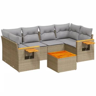 Produktbild von 7-tlg. Garten-Sofagarnitur mit Kissen Beige Poly Rattan