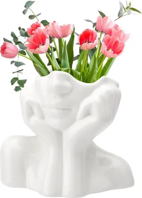 Produktbild von Keramische Blumenvasen - 19 x 9 cm - Weiß mit Gesicht - Moderne ästhetische Vasen-Dekoration für Wohnzimmer, Tischdekoration und Schreibtisch