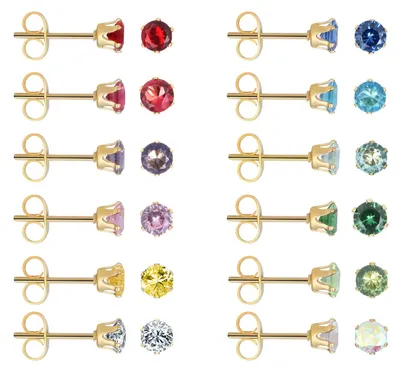 Image de 12 paires de boucles d'oreilles en acier chirurgical, dorées, avec des strass cubiques
