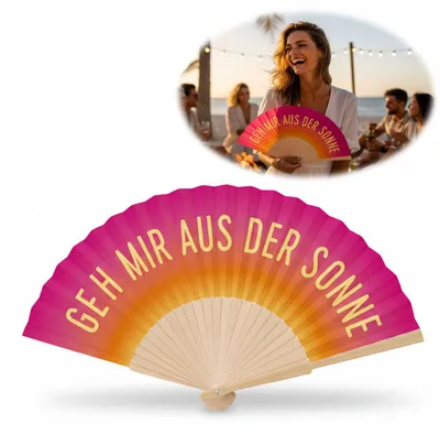 Produktbild von LS-LebenStil Handfächer aus Holz Stoff "Geh aus der Sonne" Pink Fächer faltbar Faltfächer mit coolem lustigem Spruch Geschenk Hochzeit Party Wanddeko