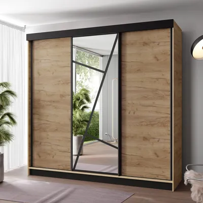 Produktbild von FurMeb24 Schiebetürenschrank LOE 250x205x59 cm Kleiderschrank mit Spiegel, 3-türiger Schiebeschrank (GOLDENE EICHE/ GOLDENE EICHE)