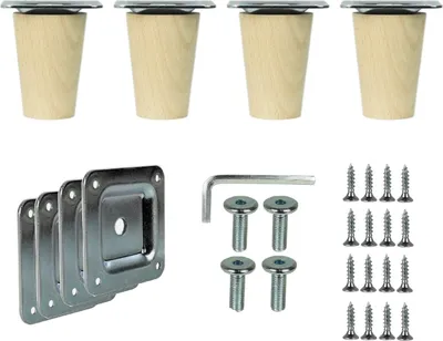 A set of four wooden furniture legs with metal mounting plates and screws, along with an Allen wrench.