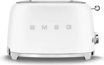 A white Smeg toaster is shown from the front on a white background.