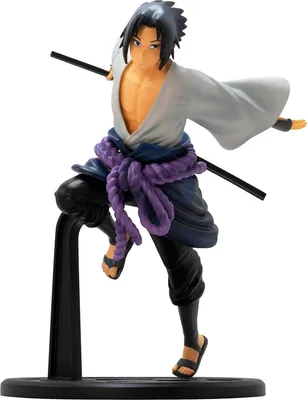 A figure of the anime character Sasuke Uchiha from Naruto Shippuden, posed in an action stance.