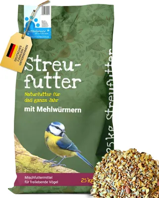 Produktbild von Futterbauer Streufutter schalenlos mit Mehlwürmern 25 kg, getrocknet, Ganzjahres-Vogelfutter ohne Schalen, mit proteinreichen Mehlwürmern für Wildvögel