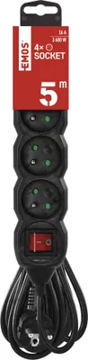 Prodlužovací kabel 5 m / 4 zásuvky / s vypínačem / černý / PVC / 1,5 mm2