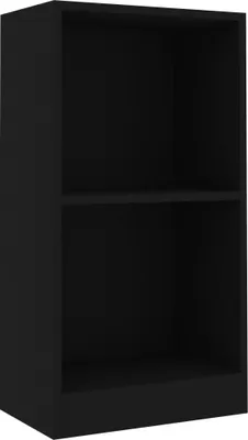 A black, two-shelf bookcase is shown from a slightly angled front view.