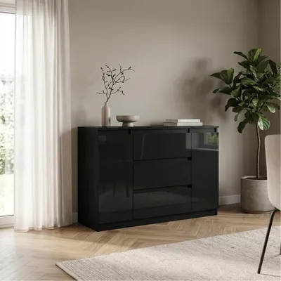 Produktbild von Masseno Kommode NUDO 120 cm Sideboard mit 3 Schubladen und 2 Türen für Wohnzimmer Schlafzimmer Modern 120x39x78,5 cm Schwarz / Schwarz