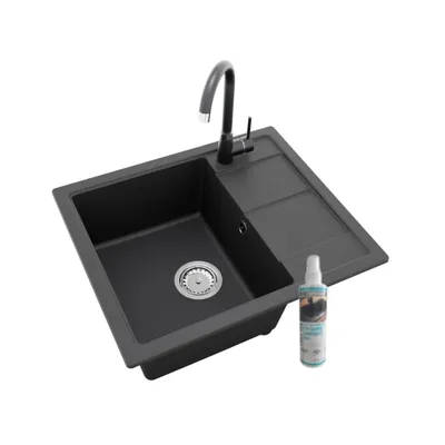 Produktbild von GRANMASTER Horizon Granitspüle mit Wasserhahn 1 Becken mit Siphon, Spüle Arbeitsplatte Küchenspüle mit Wasserhahn, 59 x 50 x 20,3 cm Spüle