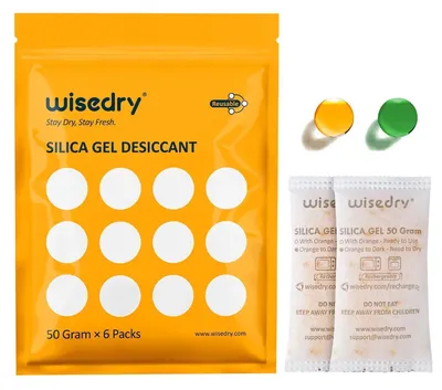 Productafbeelding van Silicagel zakjes, droogmiddel, herbruikbaar met oranje indicatoren, 50 gram, 6 stuks