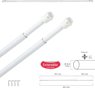 Produktbild von MAURER - Ausziehbare Vorhangschiene 36/64 cm. mit Druckfeder, Halterungen und Saugnäpfen (2 Stück)