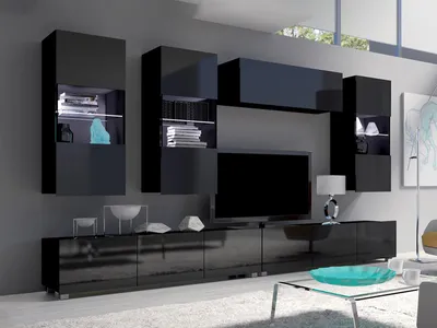 Produktbild von Wohnwand CALABRINI-5 Wohnzimmer-Set Hängewohnwand Schrankwand mit LED-Beleuchtung TV-Schrank Vitrine Moderne Anbauwand Hochglanz (Schwarz)