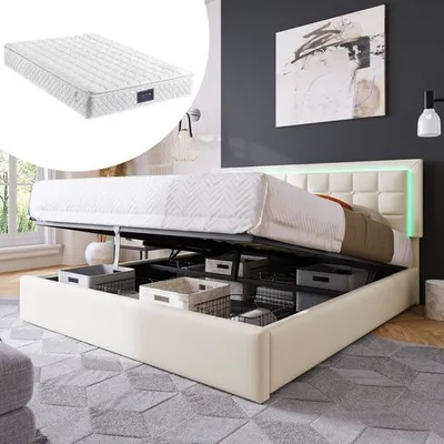 Produktbild von Odikalo Polsterbett 160x200, Bett mit Stauraum Doppelbett LED-Beleuchtungsleiste Bettgestell , Funktionsbett mit Lattenrost,Weiß,mit Matratze