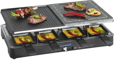 A raclette grill with food on it, displayed on a white background.