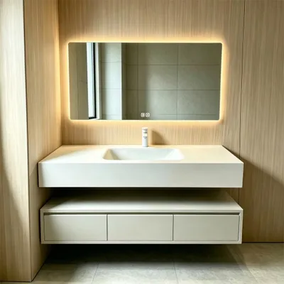 Produktbild von Wandhängendes Badmöbel-Set mit Sinterstein-Waschbecken, LED-Spiegel mit Anti-Beschlag-Funktion und Schublade 120×55 cm【RWC913-120】