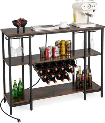 Produktbild von GOPLUS 3 Ebenen Weinregal, Flaschenregal mit Steckdosen, Weinschranktisch mit Glashalter, Weinbarregal Wohnzimmer, Küche, Esszimmer