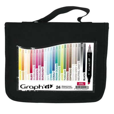 Immagine prodotto di Pennarelli ad alcool bifacciali Fine e a scalpello GRAPH'IT, 24 pezzi colori base in astuccio