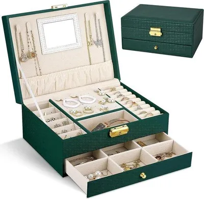Imagen del producto de Caja de joyería Unyqoos® de 3 compartimentos: verde, con forro de terciopelo, fabricada en cuero sintético, con espejo, cajón, cerradura y llave, ideal para anillos, pendientes y collares