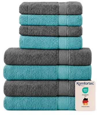 Immagine prodotto di Set di 8 asciugamani Komfortec in cotone 100%, 4 teli da bagno 70x140 e 4 asciugamani 50x100 cm, spugna, morbidi, asciugamani grandi antracite grigio e acquamarina