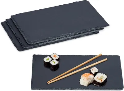 Image de Plateau de service en ardoise - Coffret de 4 pièces - Plateau rectangulaire - 26 x 16 cm - Idéal pour le fromage, les sushis, les desserts - Couleur : anthracite