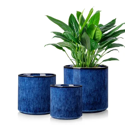 Produktbild von vancasso Steingut Blumentopf, 3-tlg zylindrischer Pflanztöpfen für Sukkulenten, Grünpflanzen, rund, Blau