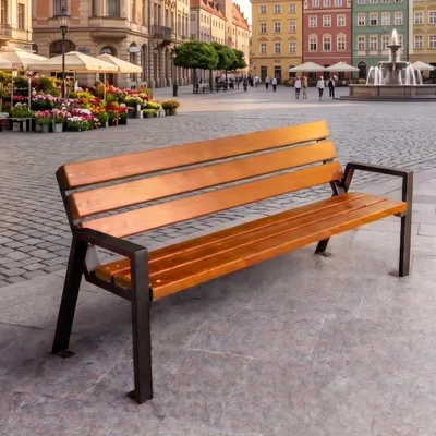 Imagen del producto de REKORD Banco de jardín Zeus, acabado en nogal, 178x60x76 cm. Banco para parque fabricado con madera escandinava y acero galvanizado. Banco de exterior resistente a la intemperie, con respaldo