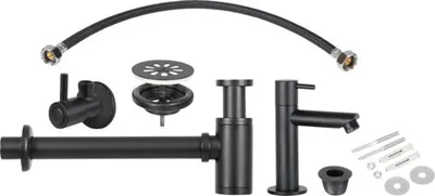Produktbild von Handwaschbecken-Installationsset schwarz matt besteht aus Kaltwasserhahn, Flexschlauch, Eckventil 1/2 x 3/8", Siphon 1 "