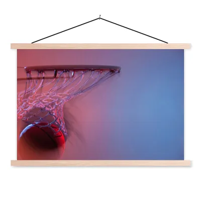Produktbild von MuchoWow® Textilposter Verschwommene Sicht eines Basketballs, der in den Korb fliegt 120x80 cm mit holzfarbenen Rahmen - Aufhängeset