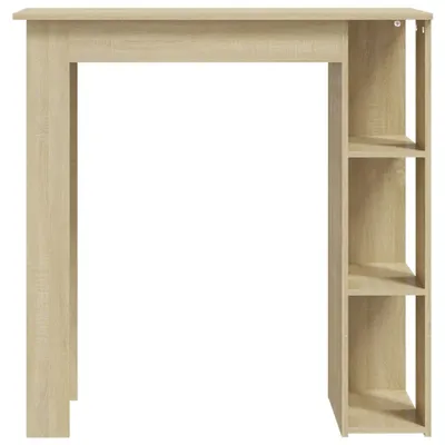 A light brown wooden bar table with shelves on the right side, shown against a white background.