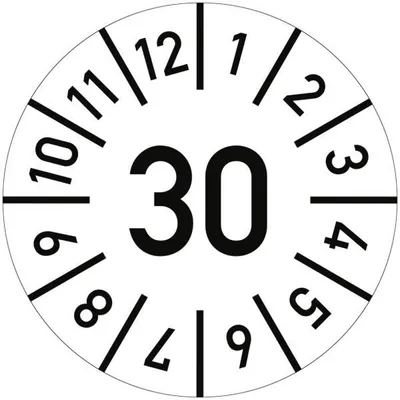 Produktbild von Dreifke® Prüfplakette Jahr 30 mit Monaten, weiß, Folie-Spezialkl., Ø 25 mm, 1...