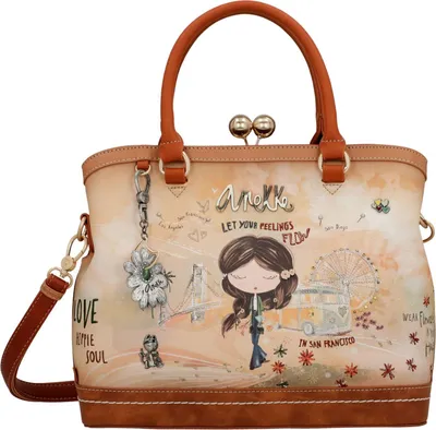 Image de Anekke sac à main sac à épaule bandoulière Peace & Love Kiss Short Handle Bag Camel multicolore