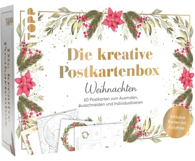 Productafbeelding van TOPP Creatieve kerstkaartenbox: 60 kaarten om in te kleuren, uit te knippen en te personaliseren. Hoogwaardige kartonnen doos, 60 kaarten met motieven, wit