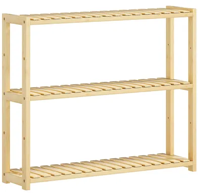 Produktbild von 3-stufiges Badezimmerregal mit 5 verstellbaren Positionen, Bambus, 60 x 15 x 50 cm, Holzfarbe