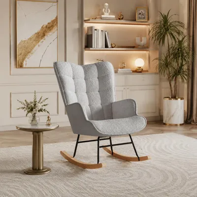 Productafbeelding van INONEFT Schommelstoel met hoge rugleuning, beklede schommelstoel, moderne relaxfauteuil met beklede rugleuning en armleuningen, teddy fleece, AI-gegenereerde afbeelding
