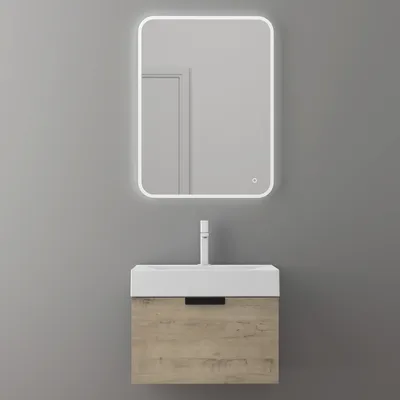Produktbild von doporro Badmöbel Set Waschtisch mit Unterschrank Waschbeckenunterschrank in Eiche Greige BTH:60x45x48 cm mit Soft-Close-Funktion inkl.LED-Spiegel Lonato