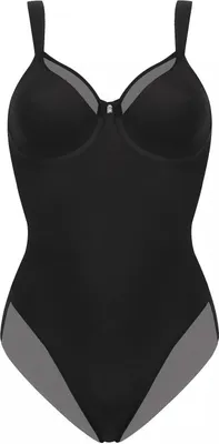 A black and gray body shaper is displayed against a white background.