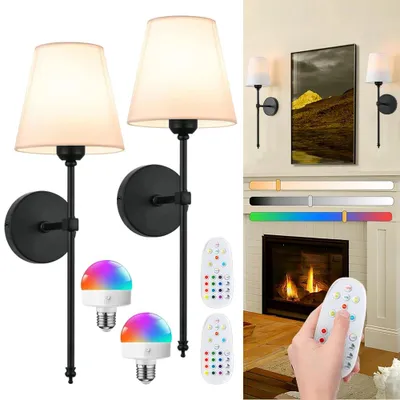 Produktbild von Batteriebetriebene Wandleuchten - LED Wandlampen 2er Set - Kabellos - Wiederaufladbarer Akku - Fernbedienung - 12 Farben - Dimmbar - Für Schlafzimmer & Wohnzimmer
