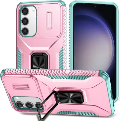 Produktbild von Handyhülle für Samsung Galaxy S23 Dual Layer Hülle mit Schiebe Kamera Schutz und Ringhalter Ständer Pink