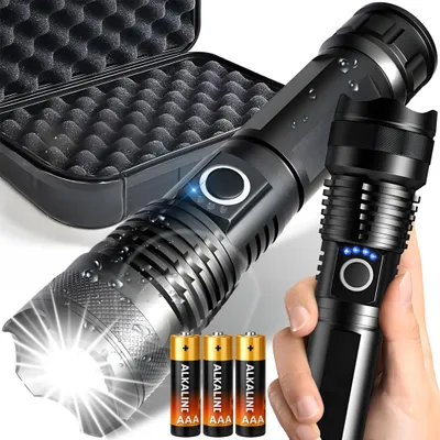 Produktbild von LED Taschenlampe Extrem Hell Zoombar P90 Aufladbar USB für Camping Notfall Wandern 5 Lichtmodi 500 Lumen Wasserdicht Schwarz Retoo