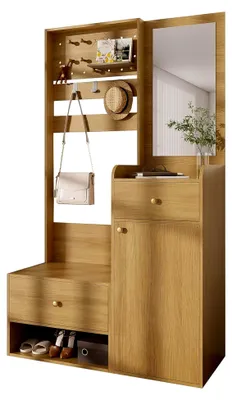 Produktbild von Garderobe Set aus Holz mit Spiegel – Skandinavischer Garderobenschrank für kleine Räume | Kompaktgarderobe mit Sitzbank, verstellbaren Haken & Schuhschrank