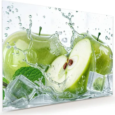 Produktbild von Glasbild 120x90cm in XXL für Wohnzimmer, Schlafzimmer Motiv Frische Äpfel Splash