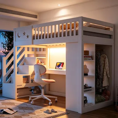 Produktbild von Hochbett 90x200 cm mit Schreibtisch, Kleiderschrank, Regalen, Stauraumtreppe, LED-Beleuchtung & Steckdosen, Sicherheitsgeländer, Holz, Weiß