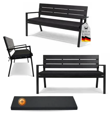Produktbild von Gartenbank MALLORCA mit Sitzkissen | in Holzoptik, Kunststoff & Metall | 3-Sitzer | wetterfest, rustikal & massiv | HxBxT 77 x 128 x 44 cm | Schwarz | Balkonbank, Holzbank, Gartenmöbel, Sitzbank, Garten Balkon & Terrasse
