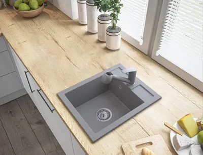 Produktbild von Küchenspüle 40x50 cm, Spüle aus Granit mit Siphon Chrom, Sieb und Imprägniermittel, Spülbecken mit 1 Becken, Einbauspüle, Grau