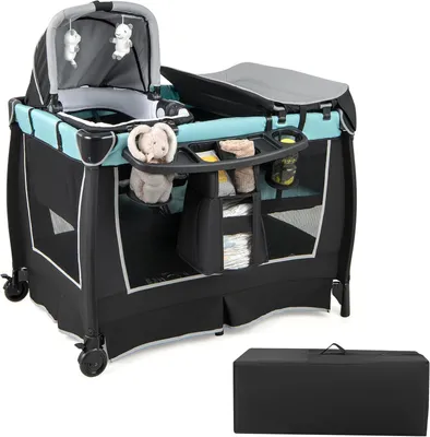 Produktbild von DREAMADE Reisebett mit Matratze,6-in-1 Babybett, Reisegitterbett mit Bassinet, Windelwechsel Tisch, für 0-36 Monate (Grün)