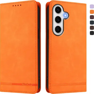 Produktbild von Hülle für Samsung Galaxy S24 FE, Retro Kunstleder Ständer Klapphülle mit Kartenfächer und Magnetische Orange