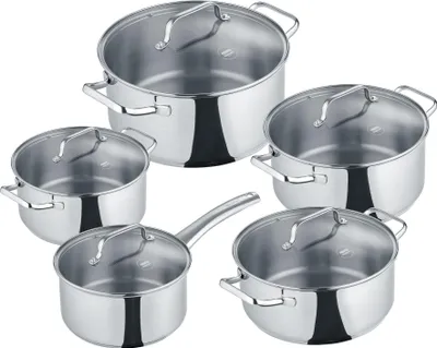 A set of five stainless steel pots and pans with glass lids, arranged in a cluster on a white background.