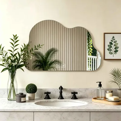 Imagen del producto de Espejo de baño LED Zimilo, diseño asimétrico y orgánico, con iluminación, superficie antiniebla, interruptor táctil, 3 tonos de luz, espejo de pared HD de 5 mm para baño, 50x70 cm